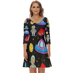 Seamless Pattern With Space Object Ufo Rocket Alien Hand Drawn Element Space Shoulder Cut Out Zip Up Dress by Wegoenart