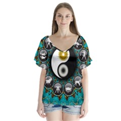 Yin Yang Horoscope Astrology Zodiac Signs Zodiac V-neck Flutter Sleeve Top by Wegoenart