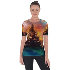 Tree Nature Landscape Fantasy Magical Cosmic Shoulder Cut Out Short Sleeve Top by danenraven
