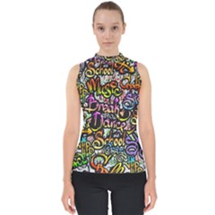 Graffiti Word Seamless Pattern Mock Neck Shell Top