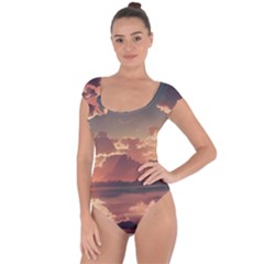 Sunset River Sky Clouds Nature Nostalgic Mountain Short Sleeve Leotard  by Uceng