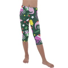 Dinosaur Colorful Funny Christmas Pattern Kids  Lightweight Velour Capri Leggings  by Uceng