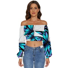 Blue And Pink Butterfly Illustration, Monarch Butterfly Cartoon Blue, Cartoon Blue Butterfly Free Pn Long Sleeve Crinkled Weave Crop Top by asedoi