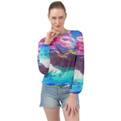 Fantasy Japan Mountains Cherry Blossoms Nature Banded Bottom Chiffon Top by Uceng