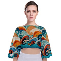 Waves Ocean Sea Abstract Whimsical (3) Tie Back Butterfly Sleeve Chiffon Top by Jancukart