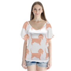 Dachshund Dog Pattern T- Shirt Brown Dachshund Dog Breed Cute Pattern T- Shirt V-neck Flutter Sleeve Top by maxcute