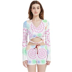 Flower Pattern T- Shirt Colorful Groovy Flower Pattern Outline T- Shirt Velvet Wrap Crop Top And Shorts Set by maxcute