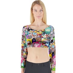 Assorted Cartoon Characters Doodle  Style Heroes Long Sleeve Crop Top