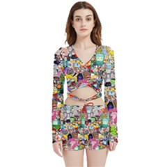 Assorted Cartoon Characters Doodle  Style Heroes Velvet Wrap Crop Top And Shorts Set