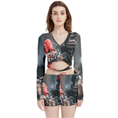 Chocolate Dark Velvet Wrap Crop Top And Shorts Set by artworkshop