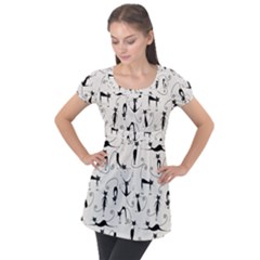 Pattern Cats Black Feline Kitten Puff Sleeve Tunic Top by Ravend
