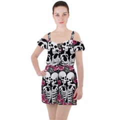 Black And White Rose Sugar Skull Ruffle Cut Out Chiffon Playsuit by GardenOfOphir