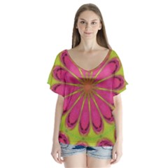 Floral Art Design Pattern V-neck Flutter Sleeve Top by Ravend