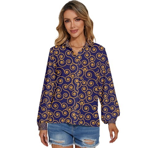 Spiral Pattern Texture Fractal Circle Geometry Women s Long Sleeve Button Down Shirt by Ravend