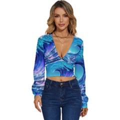 Tsunami Tidal Wave Ocean Waves Sea Nature Water Blue Long Sleeve Deep-v Velour Top by Ravend