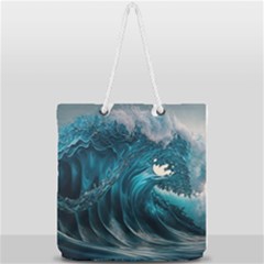 Tsunami Waves Ocean Sea Water Rough Seas 3 Full Print Rope Handle Tote (large) by Ravend