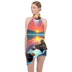 Gorgeous Sunset Halter Asymmetric Satin Top