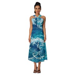 Abstract Blue Ocean Waves Iii Sleeveless Cross Front Cocktail Midi Chiffon Dress