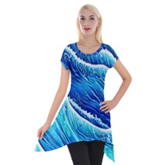 Blue Ocean Wave Watercolor Short Sleeve Side Drop Tunic by GardenOfOphir