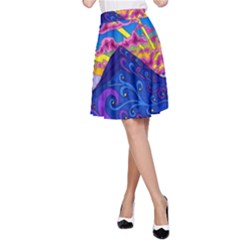 Psychedelic Colorful Lines Nature Mountain Trees Snowy Peak Moon Sun Rays Hill Road Artwork Stars Sk A-line Skirt by Jancukart