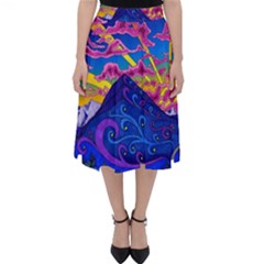 Psychedelic Colorful Lines Nature Mountain Trees Snowy Peak Moon Sun Rays Hill Road Artwork Stars Sk Classic Midi Skirt by Jancukart