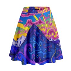 Psychedelic Colorful Lines Nature Mountain Trees Snowy Peak Moon Sun Rays Hill Road Artwork Stars Sk High Waist Skirt by Jancukart
