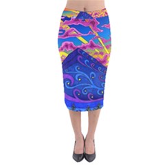 Psychedelic Colorful Lines Nature Mountain Trees Snowy Peak Moon Sun Rays Hill Road Artwork Stars Sk Velvet Midi Pencil Skirt by Jancukart