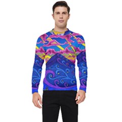 Psychedelic Colorful Lines Nature Mountain Trees Snowy Peak Moon Sun Rays Hill Road Artwork Stars Sk Men s Long Sleeve Rash Guard by Jancukart