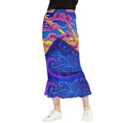 Psychedelic Colorful Lines Nature Mountain Trees Snowy Peak Moon Sun Rays Hill Road Artwork Stars Sk Maxi Fishtail Chiffon Skirt by Jancukart