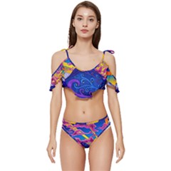 Psychedelic Colorful Lines Nature Mountain Trees Snowy Peak Moon Sun Rays Hill Road Artwork Stars Sk Ruffle Edge Tie Up Bikini Set	 by Jancukart