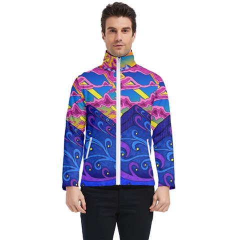 Psychedelic Colorful Lines Nature Mountain Trees Snowy Peak Moon Sun Rays Hill Road Artwork Stars Sk Men s Bomber Jacket by Jancukart