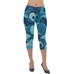 Waves Ocean Sea Abstract Whimsical Abstract Art Lightweight Velour Capri Leggings  by Pakemis