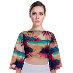 Palm Trees Tropical Ocean Sunset Sunrise Landscape Tie Back Butterfly Sleeve Chiffon Top by Pakemis