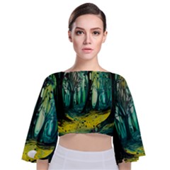 Ai Generated Trees Forest Mystical Forest Nature Art Tie Back Butterfly Sleeve Chiffon Top by Ravend