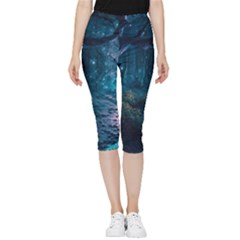 Path Forest Wood Light Night Inside Out Lightweight Velour Capri Leggings  by Jancukart