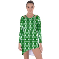 Green And White Kitchen Utensils Pattern Asymmetric Cut-out Shift Dress by GardenOfOphir