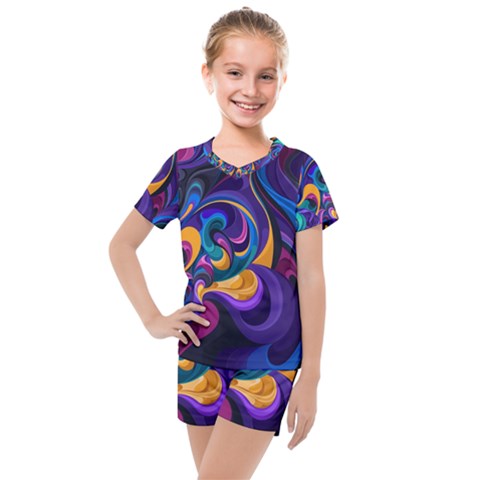 Colorful Waves Abstract Waves Curves Art Abstract Material Material Design Kids  Mesh Tee And Shorts Set by Semog4
