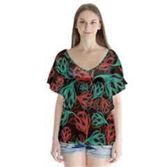 Flower Patterns Ornament Pattern V-neck Flutter Sleeve Top