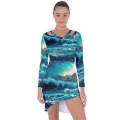 Tsunami Waves Ocean Sea Nautical Nature Water 5 Asymmetric Cut-out Shift Dress by Jancukart