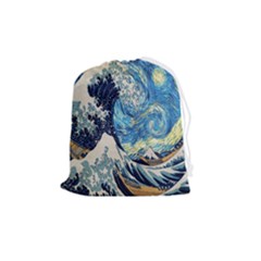 The Great Wave Of Kanagawa Painting Starry Night Van Gogh Drawstring Pouch (medium) by Sudheng