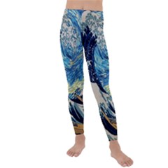 Starry Night Hokusai Van Gogh The Great Wave Off Kanagawa Kids  Lightweight Velour Leggings by Sudheng