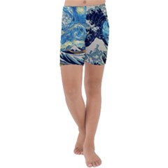 Starry Night Hokusai Van Gogh The Great Wave Off Kanagawa Kids  Lightweight Velour Capri Yoga Leggings by Sudheng