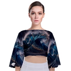 Tsunami Waves Ocean Sea Water Rough Seas Nature Tie Back Butterfly Sleeve Chiffon Top by Wegoenart