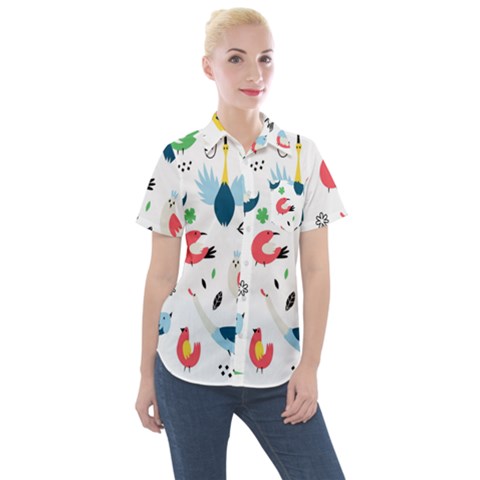Vector Set Isolates With Cute Birds Scandinavian Style Women s Short Sleeve Pocket Shirt by Salman4z