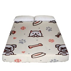 Pug Dog Cat With Bone Fish Bones Paw Prints Ball Seamless Pattern Vector Background Fitted Sheet (queen Size) by Salman4z