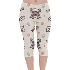 Pug Dog Cat With Bone Fish Bones Paw Prints Ball Seamless Pattern Vector Background Velvet Capri Leggings  by Salman4z