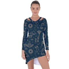 Dark-seamless-pattern-symbols-landmarks-signs-egypt -- Asymmetric Cut-out Shift Dress by Salman4z