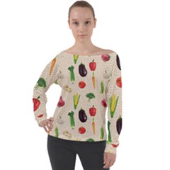 Vegetables Off Shoulder Long Sleeve Velour Top by SychEva