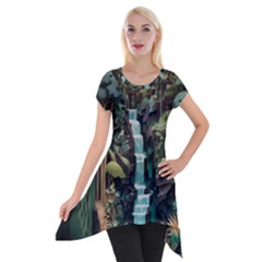 Jungle Tropical Trees Waterfall Plants Papercraft Short Sleeve Side Drop Tunic