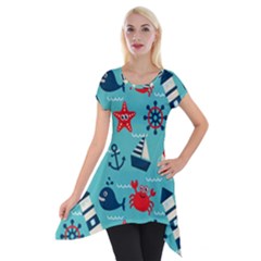 Seamless-pattern-nautical-icons-cartoon-style Short Sleeve Side Drop Tunic by Salman4z